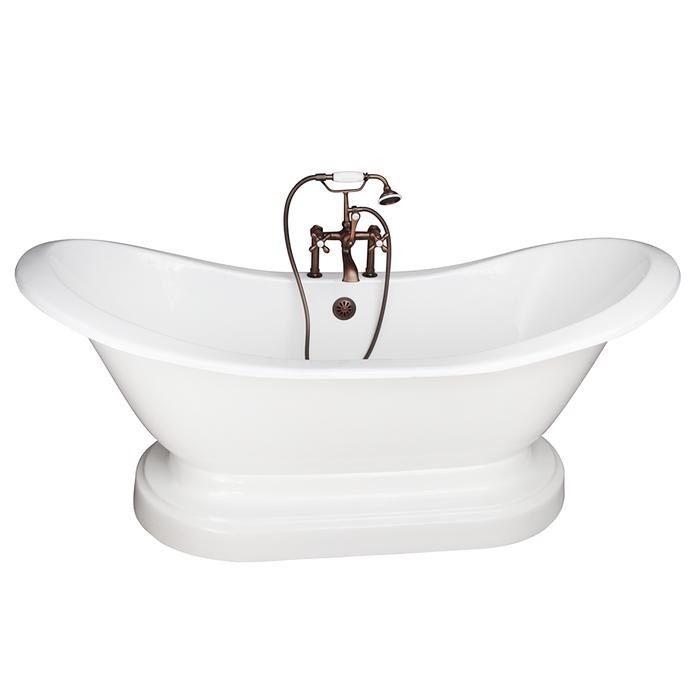 BARCLAY TKCTDSHB-ORB2 MARSHALL 71 INCH CAST IRON FREESTANDING SOAKER BATHTUB IN WHITE WITH METAL CROSS TUB FILLER AND HAND SHOWER IN OIL RUBBED BRONZE