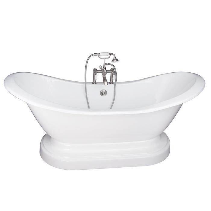 BARCLAY TKCTDSHB-SN1 MARSHALL 71 INCH CAST IRON FREESTANDING SOAKER BATHTUB IN WHITE WITH PORCELAIN LEVER TUB FILLER AND HAND SHOWER IN SATIN NICKEL