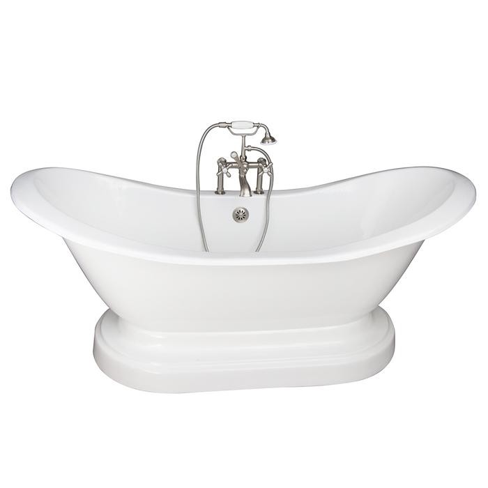 BARCLAY TKCTDSHB-SN2 MARSHALL 71 INCH CAST IRON FREESTANDING SOAKER BATHTUB IN WHITE WITH METAL CROSS TUB FILLER AND HAND SHOWER IN SATIN NICKEL