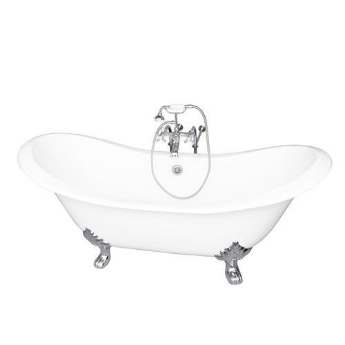 BARCLAY TKCTDSN-CP2 MARSHALL 72 INCH CAST IRON FREESTANDING CLAWFOOT SOAKER BATHTUB IN WHITE WITH METAL CROSS TUB FILLER AND HAND SHOWER IN CHROME