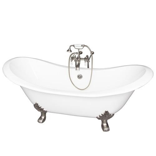 BARCLAY TKCTDSN-SN1 MARSHALL 72 INCH CAST IRON FREESTANDING CLAWFOOT SOAKER BATHTUB IN WHITE WITH PORCELAIN LEVER TUB FILLER AND HAND SHOWER IN SATIN NICKEL