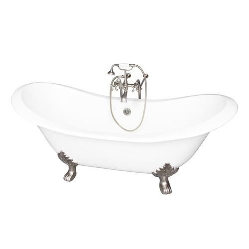 BARCLAY TKCTDSN-SN2 MARSHALL 72 INCH CAST IRON FREESTANDING CLAWFOOT SOAKER BATHTUB IN WHITE WITH METAL CROSS TUB FILLER AND HAND SHOWER IN SATIN NICKEL