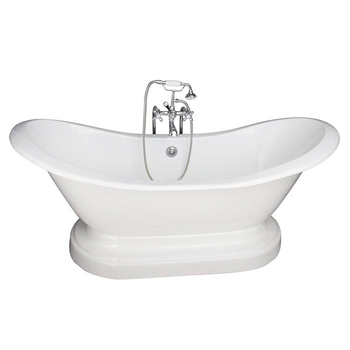 BARCLAY TKCTDSNB-CP2 MARSHALL 72 INCH CAST IRON FREESTANDING SOAKER BATHTUB IN WHITE WITH METAL CROSS TUB FILLER AND HAND SHOWER IN CHROME