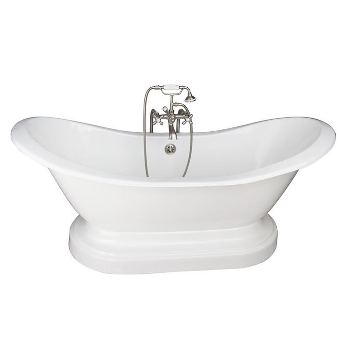BARCLAY TKCTDSNB-SN2 MARSHALL 72 INCH CAST IRON FREESTANDING SOAKER BATHTUB IN WHITE WITH METAL CROSS TUB FILLER AND HAND SHOWER IN SATIN NICKEL