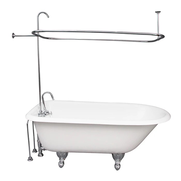 BARCLAY TKCTR60-CP1 BARTLETT 60 3/4 INCH CAST IRON FREESTANDING CLAWFOOT SOAKER BATHTUB IN WHITE WITH RECTANGULAR SHOWER RING IN CHROME