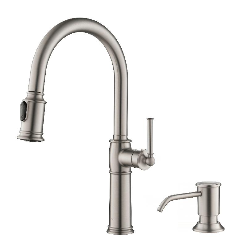 KRAUS KPF-1682SFS-KSD-80SFS SELLETTE TRADITIONAL SINGLE HANDLE PULL-DOWN KITCHEN FAUCET WITH SOAP DISPENSER IN SPOT FREE STAINLESS STEEL