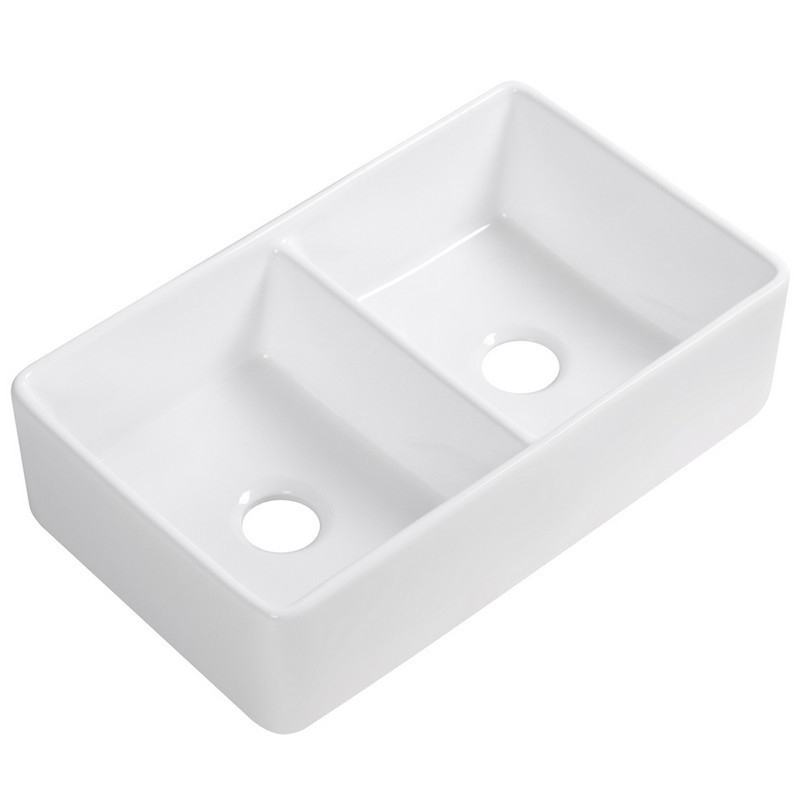 ALTAIR 281032-KDS TRIESTE 32 INCH RECTANGULAR CERAMIC VESSEL DOUBLE BOWL BATHROOM SINK - GLOSSY WHITE