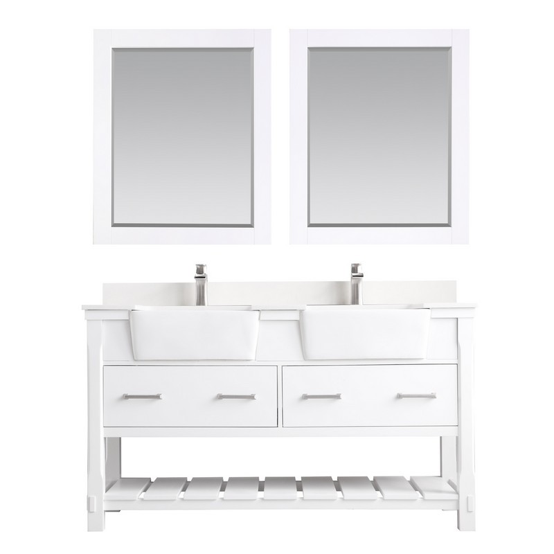 ALTAIR 537060-AW GEORGIA 60 INCH DOUBLE SINK BATHROOM VANITY SET WITH COMPOSITE CARRARA WHITE STONE TOP WITH WHITE FARMHOUSE BASIN AND MIRROR