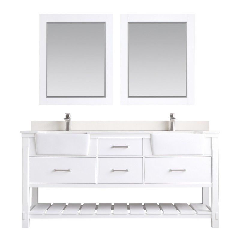 ALTAIR 537072-AW GEORGIA 72 INCH DOUBLE SINK BATHROOM VANITY SET WITH COMPOSITE CARRARA WHITE STONE TOP WITH WHITE FARMHOUSE BASIN AND MIRROR