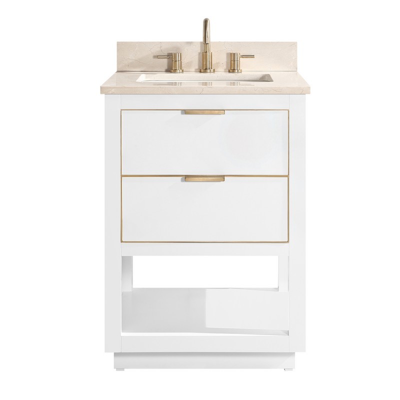 AVANITY ALLIE-VS25-WTG-D ALLIE 25 INCH VANITY COMBO IN WHITE WITH GOLD TRIM AND CREMA MARFIL MARBLE TOP