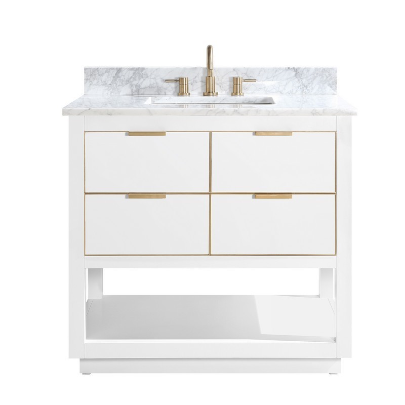 AVANITY ALLIE-VS37-WTG-C ALLIE 37 INCH VANITY COMBO IN WHITE WITH GOLD TRIM AND CARRARA WHITE MARBLE TOP