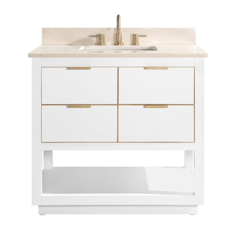 AVANITY ALLIE-VS37-WTG-D ALLIE 37 INCH VANITY COMBO IN WHITE WITH GOLD TRIM AND CREMA MARFIL MARBLE TOP
