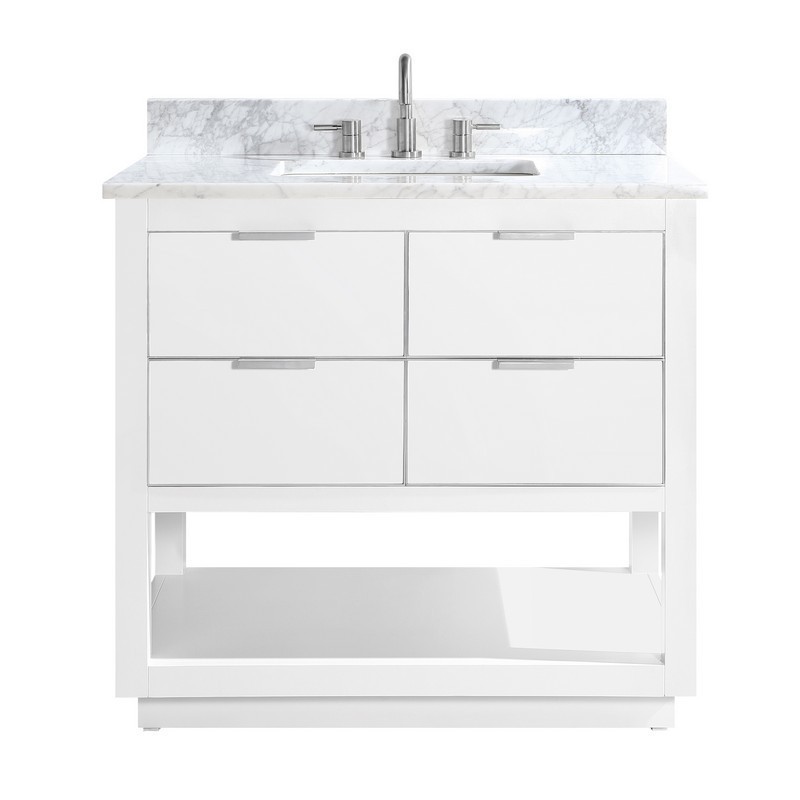AVANITY ALLIE-VS37-WTS-C ALLIE 37 INCH VANITY COMBO IN WHITE WITH SILVER TRIM AND CARRARA WHITE MARBLE TOP