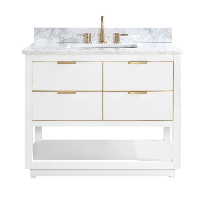 AVANITY ALLIE-VS43-WTG-C ALLIE 43 INCH VANITY COMBO IN WHITE WITH GOLD TRIM AND CARRARA WHITE MARBLE TOP