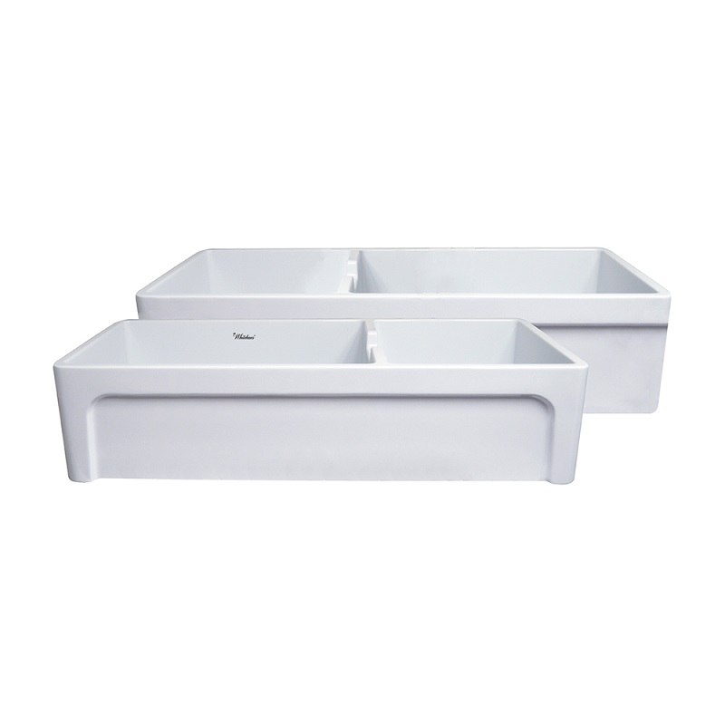 WHITEHAUS WHQDB5542 GLENCOVE 42 INCH FARMHAUS FIRECLAY LARGE REVERSIBLE SINK AND SMALL BOWL WITH AN ELEGANT BEVELED FRONT APRON ON ONE SIDE AND A DECORATIVE LIP ON THE OPPOSITE SIDE