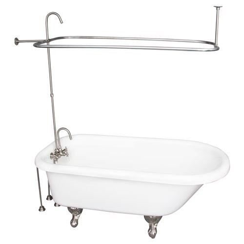 BARCLAY TKADTR67-WBN2 ASIA 67 INCH ACRYLIC FREESTANDING CLAWFOOT SOAKER BATHTUB IN WHITE WITH PORCELAIN LEVER TUB FILLER AND HAND SHOWER IN BRUSHED NICKEL