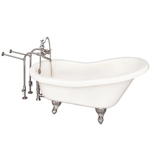 BARCLAY TKADTS60-BBN2 FILLMORE 60 INCH ACRYLIC FREESTANDING CLAWFOOT SOAKER SLIPPER BATHTUB IN BISQUE WITH WALL MOUNT METAL CROSS TUB FILLER AND HAND SHOWER IN BRUSHED NICKEL