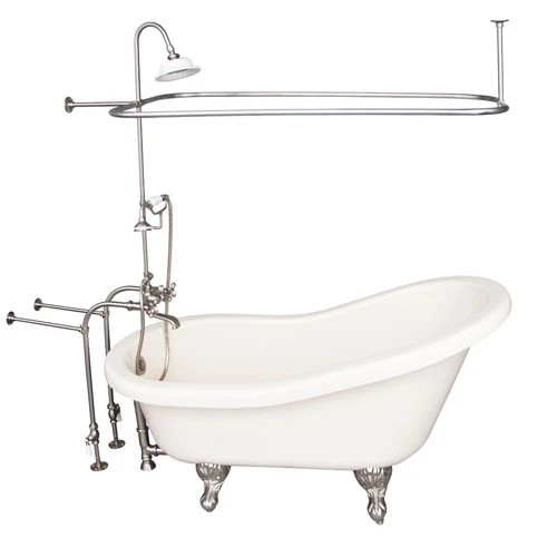 BARCLAY TKADTS60-BBN4 FILLMORE 60 INCH ACRYLIC FREESTANDING CLAWFOOT SOAKER SLIPPER BATHTUB IN BISQUE WITH DECK MOUNT METAL CROSS TUB FILLER AND RECTANGULAR SHOWER UNIT IN BRUSHED NICKEL