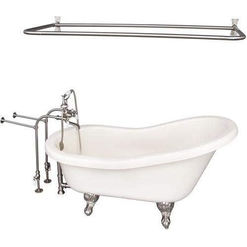 BARCLAY TKADTS60-BBN5 FILLMORE 60 INCH ACRYLIC FREESTANDING CLAWFOOT SOAKER SLIPPER BATHTUB IN BISQUE WITH WALL MOUNT PORCELAIN LEVER TUB FILLER AND D-SHOWER ROD IN BRUSHED NICKEL