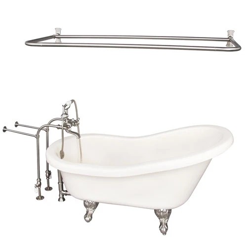 BARCLAY TKADTS60-BBN6 FILLMORE 60 INCH ACRYLIC FREESTANDING CLAWFOOT SOAKER SLIPPER BATHTUB IN BISQUE WITH WALL MOUNT METAL CROSS TUB FILLER AND D-SHOWER ROD IN BRUSHED NICKEL
