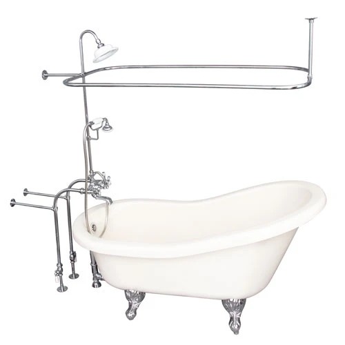 BARCLAY TKADTS60-BCP4 FILLMORE 60 INCH ACRYLIC FREESTANDING CLAWFOOT SOAKER SLIPPER BATHTUB IN BISQUE WITH DECK MOUNT METAL CROSS TUB FILLER AND RECTANGULAR SHOWER UNIT IN POLISHED CHROME