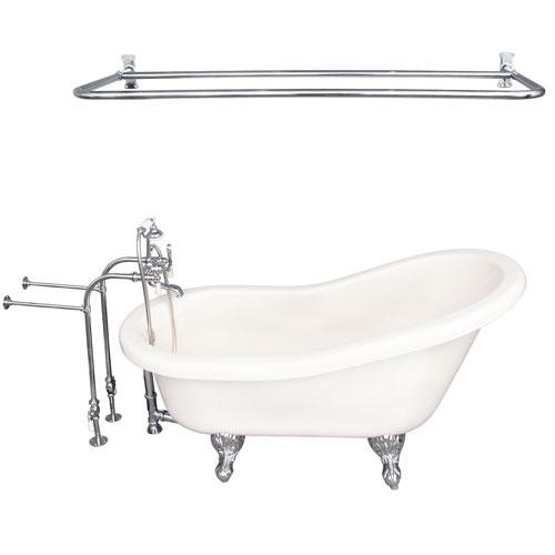 BARCLAY TKADTS60-BCP5 FILLMORE 60 INCH ACRYLIC FREESTANDING CLAWFOOT SOAKER SLIPPER BATHTUB IN BISQUE WITH WALL MOUNT PORCELAIN LEVER TUB FILLER AND D-SHOWER ROD IN POLISHED CHROME