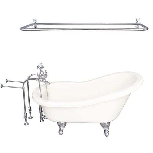 BARCLAY TKADTS60-BCP6 FILLMORE 60 INCH ACRYLIC FREESTANDING CLAWFOOT SOAKER SLIPPER BATHTUB IN BISQUE WITH WALL MOUNT METAL CROSS TUB FILLER AND D-SHOWER ROD IN POLISHED CHROME