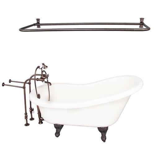 BARCLAY TKADTS60-BORB5 FILLMORE 60 INCH ACRYLIC FREESTANDING CLAWFOOT SOAKER SLIPPER BATHTUB IN BISQUE WITH WALL MOUNT PORCELAIN LEVER TUB FILLER AND D-SHOWER ROD IN OIL RUBBED BRONZE