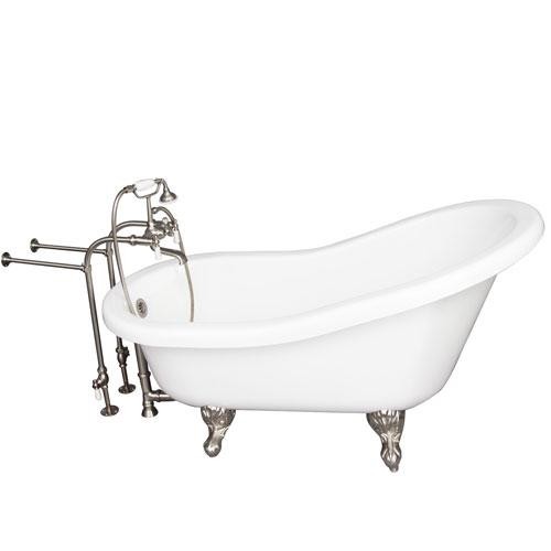 BARCLAY TKADTS60-WBN1 FILLMORE 60 INCH ACRYLIC FREESTANDING CLAWFOOT SOAKER SLIPPER BATHTUB IN WHITE WITH WALL MOUNT PORCELAIN LEVER TUB FILLER AND HAND SHOWER IN BRUSHED NICKEL