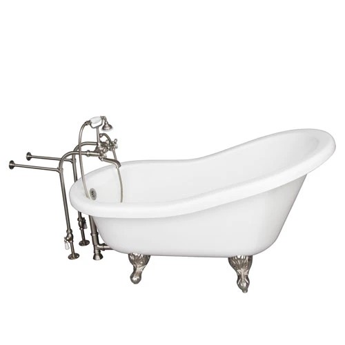 BARCLAY TKADTS60-WBN2 FILLMORE 60 INCH ACRYLIC FREESTANDING CLAWFOOT SOAKER SLIPPER BATHTUB IN WHITE WITH WALL MOUNT METAL CROSS TUB FILLER AND HAND SHOWER IN BRUSHED NICKEL