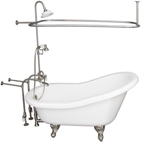 BARCLAY TKADTS60-WBN3 FILLMORE 60 INCH ACRYLIC FREESTANDING CLAWFOOT SOAKER SLIPPER BATHTUB IN WHITE WITH DECK MOUNT PORCELAIN LEVER TUB FILLER AND RECTANGULAR SHOWER UNIT IN BRUSHED NICKEL