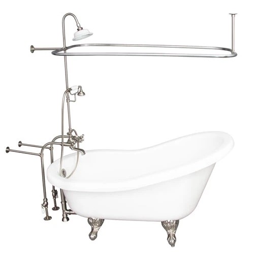 BARCLAY TKADTS60-WBN4 FILLMORE 60 INCH ACRYLIC FREESTANDING CLAWFOOT SOAKER SLIPPER BATHTUB IN WHITE WITH DECK MOUNT METAL CROSS TUB FILLER AND RECTANGULAR SHOWER UNIT IN BRUSHED NICKEL