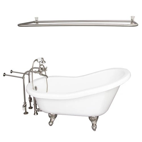 BARCLAY TKADTS60-WBN6 FILLMORE 60 INCH ACRYLIC FREESTANDING CLAWFOOT SOAKER SLIPPER BATHTUB IN WHITE WITH WALL MOUNT METAL CROSS TUB FILLER AND D-SHOWER ROD IN BRUSHED NICKEL