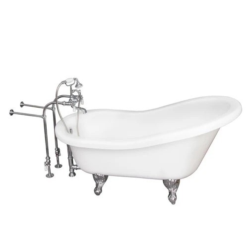 BARCLAY TKADTS60-WCP1 FILLMORE 60 INCH ACRYLIC FREESTANDING CLAWFOOT SOAKER SLIPPER BATHTUB IN WHITE WITH WALL MOUNT PORCELAIN LEVER TUB FILLER AND HAND SHOWER IN POLISHED CHROME