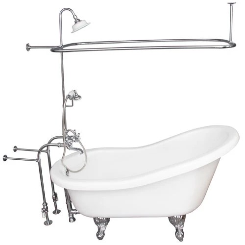 BARCLAY TKADTS60-WCP4 FILLMORE 60 INCH ACRYLIC FREESTANDING CLAWFOOT SOAKER SLIPPER BATHTUB IN WHITE WITH DECK MOUNT METAL CROSS TUB FILLER AND RECTANGULAR SHOWER UNIT IN POLISHED CHROME