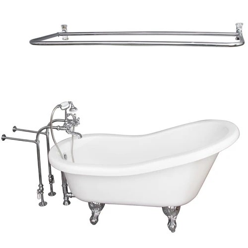 BARCLAY TKADTS60-WCP6 FILLMORE 60 INCH ACRYLIC FREESTANDING CLAWFOOT SOAKER SLIPPER BATHTUB IN WHITE WITH WALL MOUNT METAL CROSS TUB FILLER AND D-SHOWER ROD IN POLISHED CHROME