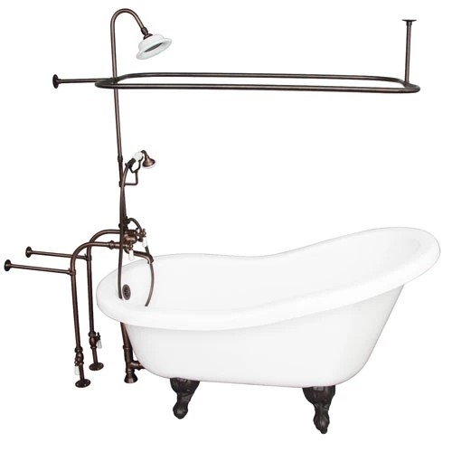 BARCLAY TKADTS60-WORB3 FILLMORE 60 INCH ACRYLIC FREESTANDING CLAWFOOT SOAKER SLIPPER BATHTUB IN WHITE WITH DECK MOUNT PORCELAIN LEVER TUB FILLER AND RECTANGULAR SHOWER UNIT IN OIL RUBBED BRONZE