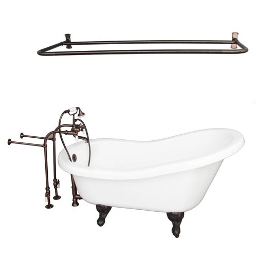BARCLAY TKADTS60-WORB5 FILLMORE 60 INCH ACRYLIC FREESTANDING CLAWFOOT SOAKER SLIPPER BATHTUB IN WHITE WITH WALL MOUNT PORCELAIN LEVER TUB FILLER AND D-SHOWER ROD IN OIL RUBBED BRONZE