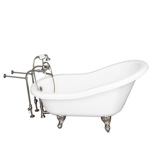 BARCLAY TKADTS67-WBN1 ISADORA 67 INCH ACRYLIC FREESTANDING CLAWFOOT SOAKER SLIPPER BATHTUB IN WHITE WITH PORCELAIN LEVER TUB FILLER AND HAND SHOWER IN BRUSHED NICKEL
