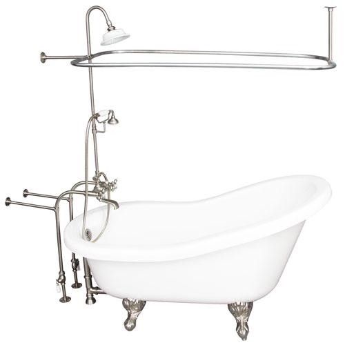 BARCLAY TKADTS67-WBN4 ISADORA 67 INCH ACRYLIC FREESTANDING CLAWFOOT SOAKER SLIPPER BATHTUB IN WHITE WITH DECK MOUNT METAL CROSS TUB FILLER AND HAND SHOWER IN BRUSHED NICKEL