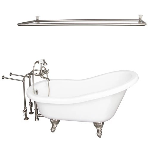 BARCLAY TKADTS67-WBN6 ISADORA 67 INCH ACRYLIC FREESTANDING CLAWFOOT SOAKER SLIPPER BATHTUB IN WHITE WITH METAL CROSS TUB FILLER AND D-SHOWER ROD IN BRUSHED NICKEL