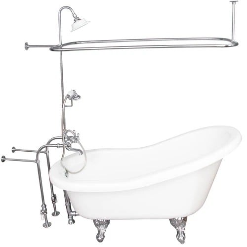 BARCLAY TKADTS67-WCP4 ISADORA 67 INCH ACRYLIC FREESTANDING CLAWFOOT SOAKER SLIPPER BATHTUB IN WHITE WITH DECK MOUNT METAL CROSS TUB FILLER AND HAND SHOWER IN CHROME