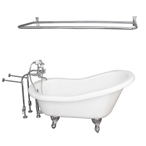 BARCLAY TKADTS67-WCP6 ISADORA 67 INCH ACRYLIC FREESTANDING CLAWFOOT SOAKER SLIPPER BATHTUB IN WHITE WITH METAL CROSS TUB FILLER AND D-SHOWER ROD IN CHROME