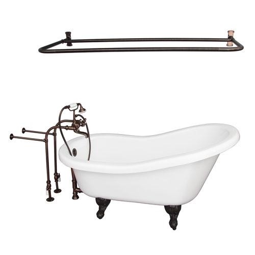 BARCLAY TKADTS67-WORB6 ISADORA 67 INCH ACRYLIC FREESTANDING CLAWFOOT SOAKER SLIPPER BATHTUB IN WHITE WITH METAL CROSS TUB FILLER AND D-SHOWER ROD IN OIL RUBBED BRONZE
