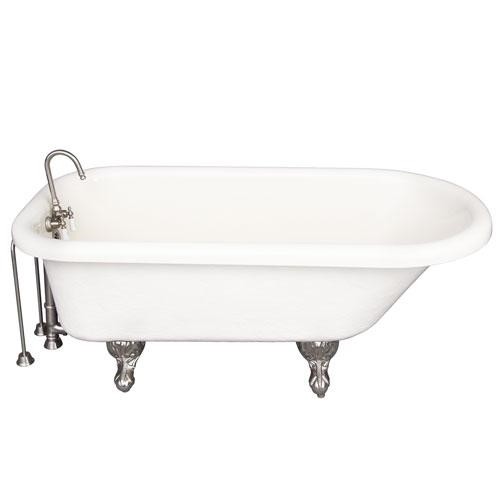 BARCLAY TKATR60-BBN4 ANDOVER 60 INCH ACRYLIC FREESTANDING CLAWFOOT SOAKER BATHTUB IN BISQUE WITH WALL MOUNT PORCELAIN LEVER TUB FILLER IN BRUSHED NICKEL