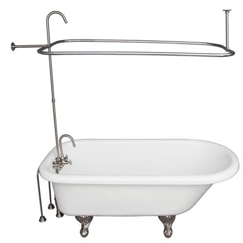 BARCLAY TKATR60-WBN1 ANDOVER 60 INCH ACRYLIC FREESTANDING CLAWFOOT SOAKER BATHTUB IN WHITE WITH PORCELAIN LEVER TUB FILLER AND RECTANGULAR SHOWER UNIT IN BRUSHED NICKEL