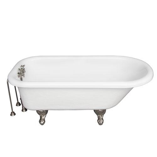 BARCLAY TKATR60-WBN3 ANDOVER 60 INCH ACRYLIC FREESTANDING CLAWFOOT SOAKER BATHTUB IN WHITE WITH WALL MOUNT METAL CROSS TUB FILLER IN BRUSHED NICKEL