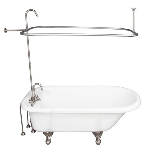 BARCLAY TKATR67-WBN1 ATLIN 67 INCH ACRYLIC FREESTANDING CLAWFOOT SOAKER BATHTUB IN WHITE WITH WALL MOUNT PORCELAIN LEVER TUB FILLER AND RECTANGULAR SHOWER UNIT IN BRUSHED NICKEL