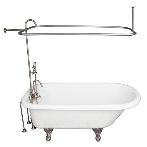 BARCLAY TKATR67-WBN2 ATLIN 67 INCH ACRYLIC FREESTANDING CLAWFOOT SOAKER BATHTUB IN WHITE WITH WALL MOUNT PORCELAIN LEVER TUB FILLER AND HAND SHOWER IN BRUSHED NICKEL