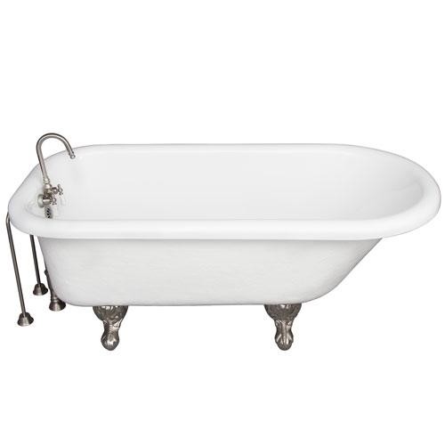 BARCLAY TKATR67-WBN4 ATLIN 67 INCH ACRYLIC FREESTANDING CLAWFOOT SOAKER BATHTUB IN WHITE WITH WALL MOUNT PORCELAIN LEVER TUB FILLER IN BRUSHED NICKEL
